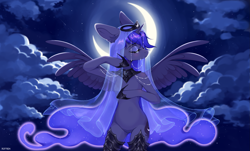 Size: 2153x1302 | Tagged: safe, artist:kitten-in-the-jar, character:princess luna, species:alicorn, species:pony, g4, clothing, crescent moon, crown, crying, ear fluff, eyes closed, female, floppy ears, hoof shoes, jewelry, mare, moon, necklace, night, peytral, profile, regalia, see-through, semi-anthro, sexy, shoes, solo, spread wings, stupid sexy princess luna, veil, wings