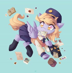 Size: 4056x4096 | Tagged: safe, artist:saxopi, character:derpy hooves, species:pegasus, species:pony, g4, absurd resolution, blue background, clothing, colored pupils, cute, derpabetes, envelope, eye clipping through hair, eyebrows, eyebrows visible through hair, female, hat, holding, letter, mailmare, mailmare hat, mare, mouth hold, necktie, package, satchel, simple background, skirt, socks, solo, stamp, sweater vest, teal background