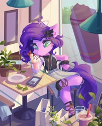 Size: 3331x4096 | Tagged: safe, artist:saxopi, character:pipp petals, species:pegasus, species:pony, g5, my little pony: a new generation, bag, cellphone, chair, clothing, colored pupils, drink, drinking, eyebrows, eyebrows visible through hair, female, glasses, headphones, mare, milkshake, phone, pipp wings, semi-anthro, shoes, shopping bags, sitting, smartphone, solo, table, vase