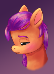 Size: 456x618 | Tagged: safe, artist:malarkey, character:sunny starscout, species:earth pony, species:pony, g5, my little pony: a new generation, bust, colored, colored eyebrows, colored sketch, female, gradient background, looking down, mare, portrait, profile, purple background, sad, simple background, sketch, solo