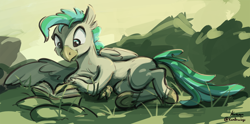 Size: 2304x1143 | Tagged: safe, artist:kamdrawings, character:terramar, species:classical hippogriff, species:hippogriff, g4, book, colored hooves, cute, folded wings, hooves, lying down, male, on side, reading, signature, solo, underhoof, wings