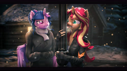Size: 9600x5400 | Tagged: safe, artist:imafutureguitarhero, character:sunset shimmer, character:twilight sparkle, character:twilight sparkle (alicorn), species:alicorn, species:anthro, species:unicorn, g4, my little pony:equestria girls, 3d, clothing, duo, duo female, ear fluff, explicit source, female, females only, fingerless gloves, gloves, hoodie, horn, jacket, leather jacket, mare, scarf, scrunchy face, shirt, snow, snowfall, source filmmaker, spread wings, this will end in tears, tongue out, tongue stuck to pole, wings