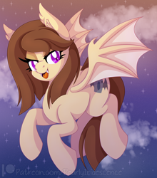 Size: 2066x2353 | Tagged: safe, artist:pearlyiridescence, oc, oc only, oc:midnight cakepowder, species:bat pony, species:pony, bat wings, cloud, commission, cute little fangs, cutie mark, ear fluff, explicit source, fangs, female, flying, looking at you, mare, open mouth, sharp teeth, slit eyes, solo, spread wings, watermark, wings