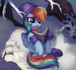 Size: 1500x1376 | Tagged: safe, artist:taneysha, character:daring do, character:rainbow dash, character:tank, species:pegasus, species:pony, g4, clothing, cute, dashabetes, duo, female, hat, hoof hold, knit hat, lying down, mare, on back, reading, winter, winter outfit