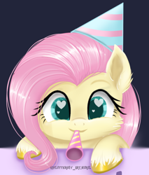 Size: 612x719 | Tagged: safe, artist:fluttershy_art.nurul, derpibooru original, character:fluttershy, species:pegasus, species:pony, episode:fluttershy leans in, g4, my little pony: friendship is magic, adorable face, beautiful, birthday, cheek fluff, clothing, colored eyebrows, colored hooves, colored pupils, cute, dawwww, eyebrows, female, hair, hat, heart eyes, holding, holiday, hooves, horseshoes, mare, mouth hold, new year, new years eve, party hat, party horn, shyabetes, smiling, solo, unshorn fetlocks, weapons-grade cute, wingding eyes