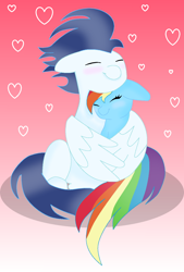 Size: 952x1412 | Tagged: safe, artist:celestia2590, character:rainbow dash, character:soarin', species:pegasus, species:pony, ship:soarindash, g4, blushing, cute, dashabetes, duo, eyes closed, female, floppy ears, gradient background, heart, hug, male, mare, shipping, simple background, smiling, soarinbetes, stallion, straight, winghug, wings