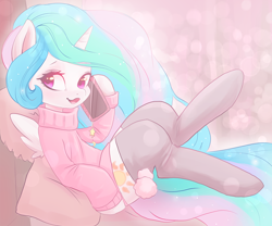 Size: 960x800 | Tagged: safe, artist:valeria_fills, character:princess celestia, species:alicorn, species:pony, g4, aside glance, cellphone, clothing, cute, cutelestia, ethereal mane, eyebrows, female, looking sideways, mare, open mouth, phone, smartphone, socks, solo, sweater, talking on phone, thigh highs, wings