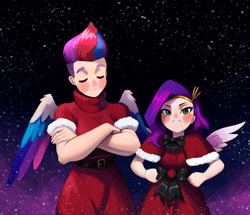 Size: 2251x1937 | Tagged: safe, artist:mrscroup, character:pipp petals, character:zipp storm, species:human, g5, my little pony: a new generation, christmas, circlet, clothing, colored eyebrows, colored wings, crossed arms, eyebrows, eyes closed, female, gradient background, hand, hand on hip, hands on hip, hips, holiday, humanized, looking at you, multicolored hair, multicolored wings, pipp is small, pipp wings, species swap, winged humanization, wings