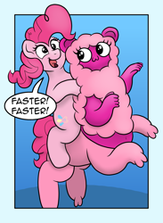 Size: 1647x2256 | Tagged: safe, artist:doodledonut, character:pinkie pie, species:earth pony, species:pony, g4, centaurworld, comic, crossover, dialogue, duo, female, mare, open mouth, rearing, simple background, speech bubble, text, wammawink