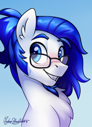 Size: 2000x2760 | Tagged: safe, artist:jedayskayvoker, oc, oc only, species:earth pony, species:pony, blushing, bust, chest fluff, colored eyebrows, cute, ear fluff, eyebrows, eyebrows visible through hair, glasses, gradient background, icon, looking at you, male, oc name needed, ponytail, portrait, signature, simple background, smiling, solo, stallion, three quarter view