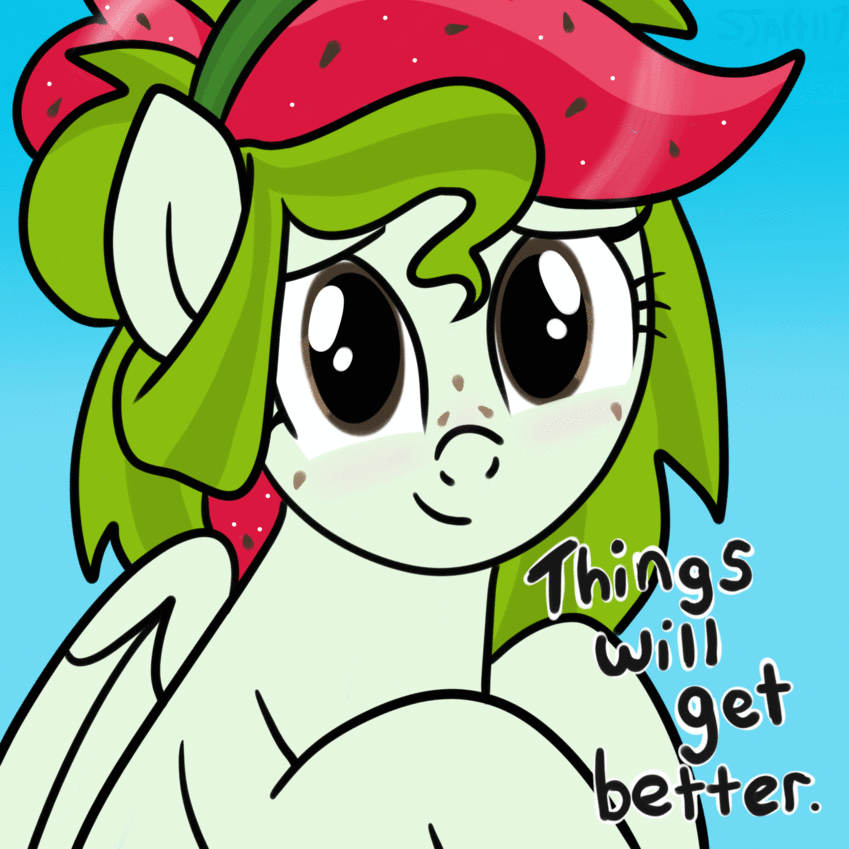 Size: 849x849 | Tagged: safe, artist:sjart117, oc, oc only, oc:watermelana, species:pegasus, species:pony, g4, animated, barely animated, blue background, blushing, cute, female, freckles, gif, looking at you, mare, motivational, pegasus oc, positive ponies, simple background, smiling, solo, speech, wings