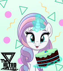 Size: 1500x1700 | Tagged: safe, artist:theretroart88, character:potion nova, species:pony, species:unicorn, my little pony:pony life, abstract background, cake, cute, female, food, g4.5 to g4, glowing horn, horn, looking at you, magic, magic aura, mare, novabetes, open mouth, solo, telekinesis