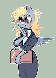 Size: 2090x2886 | Tagged: safe, alternate version, artist:stevetwisp, character:derpy hooves, species:anthro, species:pegasus, g4, clothing, confused, cute, derpabetes, female, folder, glasses, hand on chin, mare, nervous, question mark, simple background, solo, spread wings, suit, sweat, wings