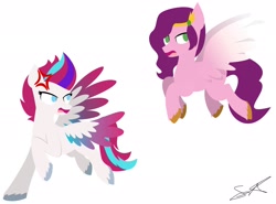 Size: 2048x1517 | Tagged: safe, artist:sailzvoilez, character:pipp petals, character:zipp storm, species:pegasus, species:pony, g5, my little pony: a new generation, annoyed, argument, circlet, colored hooves, colored wings, colored wingtips, cross-popping veins, female, flying, hooves, lineless, mare, multicolored wings, no pupils, open mouth, pipp wings, raised hoof, siblings, signature, simple background, sisters, spread wings, unshorn fetlocks, vein, white background, wings