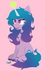 Size: 2071x3286 | Tagged: safe, artist:sailzvoilez, character:izzy moonbow, species:pony, species:unicorn, g5, ball, blep, bracelet, childproof horn, colored hooves, cute, cutie mark, female, gradient hair, hooves, horn, izzybetes, jewelry, lineless, mare, multicolored hair, no pupils, pink background, redraw, signature, simple background, sitting, solo, tennis ball, tongue out, toy, unshorn fetlocks