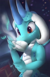 Size: 2400x3697 | Tagged: safe, artist:auroriia, character:princess ember, species:dragon, g4, aurora borealis, cup, cute, drink, drinking, emberbetes, female, solo, teacup
