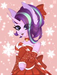 Size: 1576x2060 | Tagged: safe, artist:elektra-gertly, character:starlight glimmer, species:pony, species:unicorn, g4, abstract background, bow, candy, candy cane, christmas, clothing, colored hooves, dress, ear fluff, eye clipping through hair, female, food, hair bow, holiday, hooves, looking at you, mare, open mouth, semi-anthro, shoulder fluff, snow, snowflake, solo, sugar cane