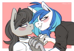 Size: 2048x1423 | Tagged: safe, artist:lrusu, character:dj pon-3, character:octavia melody, character:vinyl scratch, species:anthro, species:earth pony, species:unicorn, ship:scratchtavia, g4, black shirt, blushing, clothing, eye clipping through hair, eyebrows, eyebrows visible through hair, female, holding hands, leaning forward, lesbian, lidded eyes, looking at each other, mare, profile, shipping, shirt, simple background, white shirt