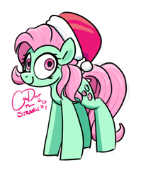 Size: 1280x1608 | Tagged: safe, artist:coaldust-the-strange, character:minty, species:earth pony, species:pony, g4, 2021, christmas, clothing, female, green coat, hat, holiday, mare, pink eyes, pink mane, santa hat, signature, simple background, solo, white background