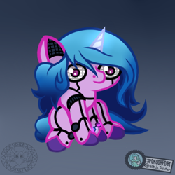 Size: 506x506 | Tagged: safe, artist:eldrick, artist:witchtaunter, character:izzy moonbow, oc:izzy moonbot, species:pony, species:unicorn, g5, gradient background, gradient hair, lil shit, multicolored hair, robot, robot pony, simple background, sitting, solo, watermark, ych result