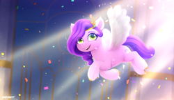 Size: 3783x2200 | Tagged: safe, artist:rivin177, character:pipp petals, species:pegasus, species:pony, g5, my little pony: a new generation, circlet, coat markings, colored eyebrows, colored hooves, colored pupils, crepuscular rays, eye clipping through hair, eyebrows, female, fluffy, flying, glowin' up, green eyes, hooves, jewelry, lights, lineless, mare, night, open mouth, pipp is small, pipp wings, purple mane, regalia, smiling, socks (coat marking), solo, spread wings, unshorn fetlocks, wings