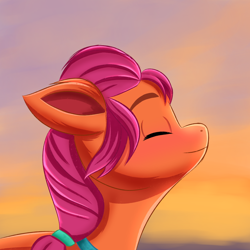 Size: 2100x2100 | Tagged: safe, artist:pipp_petal, character:sunny starscout, species:earth pony, species:pony, g5, my little pony: a new generation, braid, colored eyebrows, eyebrows, eyes closed, female, mare, profile, smiling, solo, sunset