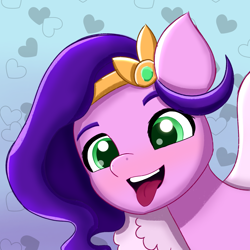Size: 2100x2100 | Tagged: safe, artist:pipp_petal, character:pipp petals, species:pegasus, species:pony, g5, my little pony: a new generation, abstract background, adorapipp, art, bust, circlet, colored eyebrows, colored pupils, cute, eyebrows, female, heart, mare, merch interpretation, open mouth, pipp wings, solo, tongue out