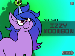 Size: 916x680 | Tagged: safe, artist:saveraedae, derpibooru original, character:izzy moonbow, species:pony, species:unicorn, banned from equestria daily, g5, my little pony: a new generation, ball, black outlines, childproof horn, cute, female, gradient background, gradient hair, horn, hornball, izzy's tennis ball, izzybetes, mare, multicolored hair, smiling, solo, style emulation, tennis ball, text, toy