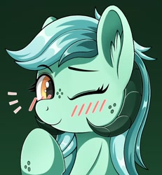 Size: 922x996 | Tagged: safe, alternate version, artist:negasun, oc, oc only, species:pony, blushing, bust, ear fluff, explicit source, eyebrows, eyebrows visible through hair, female, freckles, green background, horns, looking at you, mare, not lyra, one eye closed, portrait, simple background, solo, wink, winking at you