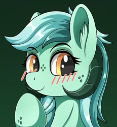 Size: 922x996 | Tagged: safe, alternate version, artist:negasun, oc, oc only, species:pony, blushing, bust, ear fluff, explicit source, eyebrows, eyebrows visible through hair, female, freckles, green background, horns, looking at you, mare, not lyra, portrait, simple background, solo