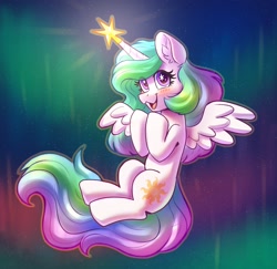 Size: 2552x2480 | Tagged: safe, artist:dandy, character:princess celestia, species:alicorn, species:pony, g4, aurora borealis, blushing, cutie mark, ear fluff, ethereal mane, female, looking at you, mare, ornament, smiling, solo, spread wings, starry eyes, stars, wingding eyes, wings