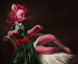Size: 1080x884 | Tagged: safe, artist:assasinmonkey, character:pinkie pie, species:anthro, species:earth pony, species:unguligrade anthro, g4, breasts, chair, christmas, clothing, colored hooves, digital painting, dress, female, holiday, hooves, lounge chair, mare, profile, reclining, sitting, solo, technically advanced