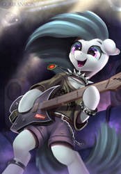 Size: 2253x3246 | Tagged: safe, artist:foxpit, character:marble pie, species:earth pony, species:pony, g4, bipedal, bondage, bracelet, chains, choker, clothing, electric guitar, eyebrows, female, guitar, happy, jewelry, mare, musical instrument, necklace, open mouth, open smile, playing instrument, rock (music), shirt, shorts, smiling, solo, spiked choker, stage, supreme