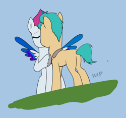 Size: 710x664 | Tagged: safe, artist:ddenver, character:hitch trailblazer, character:zipp storm, species:earth pony, species:pegasus, species:pony, ship:hitchzipp, g5, colored hooves, colored wings, duo, eyes closed, female, hooves, kissing, male, mare, multicolored wings, raised hoof, shipping, simple background, spread wings, stallion, straight, text, unshorn fetlocks, wings, wip