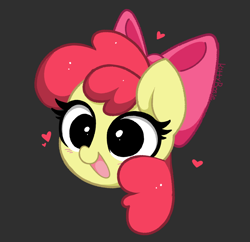 Size: 1194x1155 | Tagged: safe, artist:kittyrosie, character:apple bloom, species:earth pony, species:pony, g4, adorabloom, blushing, bust, cute, female, filly, gray background, heart, open mouth, open smile, portrait, signature, simple background, smiling, solo, young