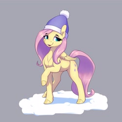 Size: 3200x3200 | Tagged: safe, artist:aquaticvibes, character:fluttershy, species:pegasus, species:pony, g4, clothing, cute, cutie mark, eyebrows, eyebrows visible through hair, female, folded wings, gray background, hat, high res, hooves, knit hat, looking at you, looking sideways, mare, one hoof raised, open mouth, open smile, raised hoof, shyabetes, simple background, smiling, snow, solo, tail, wings, winter hat