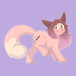 Size: 1300x1300 | Tagged: safe, artist:sinamuna, oc, oc only, oc:cinnamon fawn, species:earth pony, species:pony, brown hair, chinchilla tail, cutie mark, freckles, full body, hazel eyes, hybrid, long ears, long hair, pink fur, pink hair, purple background, signature, simple background, smiling, solo, white outline