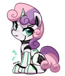 Size: 1452x1697 | Tagged: safe, artist:maren, character:sweetie belle, species:pony, species:unicorn, friendship is witchcraft, sweetie bot, g4, annoyed, cute, diasweetes, looking at you, robot, robot pony, signature, simple background, sitting, three quarter view, white background