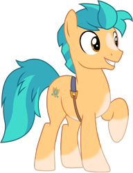 Size: 6007x7802 | Tagged: safe, artist:ejlightning007arts, character:hitch trailblazer, species:earth pony, species:pony, g5, my little pony: a new generation, blaze (coat marking), coat markings, digital art, g5 to g4, male, raised hoof, sheriff, simple background, smiling, socks (coat marking), solo, stallion, three quarter view, transparent background, vector