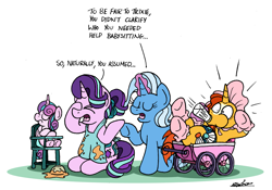 Size: 3013x2109 | Tagged: safe, artist:bobthedalek, character:princess flurry heart, character:starlight glimmer, character:sunburst, character:trixie, species:alicorn, species:pony, species:unicorn, newbie artist training grounds, g4, alternate hairstyle, apron, atg 2019, baby bottle, baby carriage, bonnet, booties, clothing, dialogue, eyes closed, facehoof, glowing horn, highchair, magic, naked apron, ponytail, profile, raised hoof, robe, signature, simple background, sitting, sunburst's cloak, telekinesis, text, three quarter view, white background
