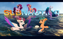 Size: 1420x900 | Tagged: safe, artist:skyeypony, character:hitch trailblazer, character:izzy moonbow, character:pipp petals, character:sunny starscout, character:zipp storm, species:earth pony, species:pegasus, species:pony, species:unicorn, g5, alternate eye color, blaze (coat marking), circlet, coat markings, colored wings, eyes closed, female, gradient mane, looking at you, male, mane g5, mare, multicolored hair, multicolored wings, ocean, open mouth, open smile, pipp wings, red eyes, smiling, socks (coat marking), spread wings, stallion, subnautica, water, wings