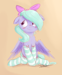 Size: 1158x1395 | Tagged: safe, artist:pucksterv, character:flitter, species:pegasus, species:pony, g4, blushing, bow, clothing, colored, colored sketch, cute, female, flitterbetes, floppy ears, hair bow, hnnng, kneeling, mare, signature, simple background, sketch, socks, solo, stockings, striped socks, thigh highs