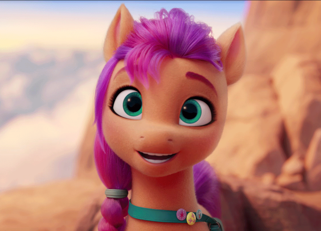 Size: 1122x809 | Tagged: safe, screencap, character:sunny starscout, species:earth pony, species:pony, g5, my little pony: a new generation, angry, animated, bag, braid, cute, ears back, female, frown, glare, looking at you, madorable, mare, mood whiplash, satchel, smiling, solo, sunny is amused, sunny starscout is not amused, sunny's buttons, sunnybetes, unamused, wide eyes