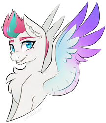 Size: 1280x1479 | Tagged: safe, artist:pointdelta, character:zipp storm, species:pegasus, species:pony, g5, my little pony: a new generation, bust, chest fluff, colored eyebrows, colored wings, ear fluff, female, looking at you, mare, multicolored wings, simple background, smiling, solo, spread wings, three quarter view, transparent background, wings
