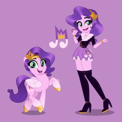 Size: 4000x4000 | Tagged: safe, alternate version, artist:orin331, character:pipp petals, species:eqg human, species:pegasus, species:pony, g4, g5, my little pony: a new generation, my little pony:equestria girls, accessories, belt, boots, bracelet, clothing, colored hooves, cute, cutie mark, equestria girls-ified, eye clipping through hair, feathered fetlocks, female, g5 to equestria girls, g5 to g4, headband, high heel boots, high heels, high res, hooves, human ponidox, jacket, jewelry, leather jacket, looking at you, mare, movie accurate, open mouth, open smile, pipp wings, ponidox, purple background, raised hoof, self paradox, self ponidox, shoes, simple background, skirt, smiling, smiling at you, species swap, style emulation, thigh boots, tiptoe, unshorn fetlocks