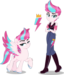 Size: 3401x4000 | Tagged: safe, artist:orin331, character:zipp storm, species:eqg human, species:pegasus, species:pony, g5, my little pony: a new generation, accessories, boots, bracelet, breasts, cleavage, clothing, colored hooves, colored wings, crossed arms, crossed legs, cutie mark, equestria girls (g5), equestria girls-ified, eyebrows, feathered fetlocks, female, fingerless gloves, frown, g5 to equestria girls, g5 to g4, gloves, high res, hooves, human ponidox, jewelry, leather vest, looking at you, mare, movie accurate, multicolored wings, piercing, ponidox, raised hoof, self paradox, self ponidox, shoes, simple background, species swap, spread wings, style emulation, transparent background, unshorn fetlocks, wings