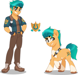 Size: 4000x3831 | Tagged: safe, artist:orin331, character:hitch trailblazer, species:earth pony, species:eqg human, species:human, species:pony, g4, g5, my little pony: a new generation, my little pony:equestria girls, badge, bandage, bandaid, belt, blaze (coat marking), clothing, coat markings, colored hooves, cute, cutie mark, cutie mark on clothes, dreamworks face, equestria girls-ified, facial markings, fingerless gloves, g5 to equestria girls, g5 to g4, gloves, grin, hand, hand on hip, handsome, high res, hips, hooves, human ponidox, jacket, looking at you, male, movie accurate, pants, ponidox, pose, raised hoof, self paradox, self ponidox, shadow, shoes, simple background, smiling, smiling at you, socks (coat marking), species swap, stallion, stupid sexy hitch trailblazer, style emulation, transparent background, unshorn fetlocks