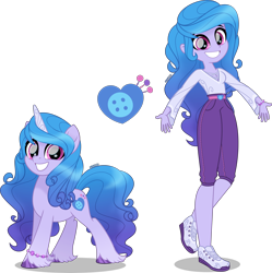 Size: 3990x4000 | Tagged: safe, artist:orin331, character:izzy moonbow, species:eqg human, species:pony, species:unicorn, g5, my little pony: a new generation, accessories, ankles, belt, blue hair, bracelet, breasts, cleavage, clothing, colored hooves, cutie mark, equestria girls (g5), equestria girls-ified, female, g5 to equestria girls, g5 to g4, gradient hair, high res, hooves, human ponidox, jewelry, looking at you, movie accurate, multicolored hair, open arms, ponidox, self paradox, self ponidox, simple background, smiling, smiling at you, species swap, standing, standing on one leg, style emulation, transparent background, unshorn fetlocks