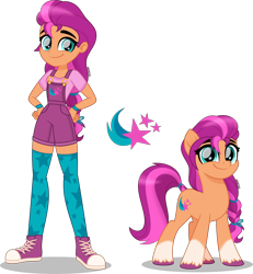 Size: 3698x4000 | Tagged: safe, artist:orin331, character:sunny starscout, species:earth pony, species:eqg human, species:human, species:pony, g5, accessories, bracelet, braid, clothing, coat markings, colored hooves, converse, cute, cutie mark, cutie mark on clothes, equestria girls (g5), equestria girls-ified, female, g5 to equestria girls, g5 to g4, high res, hooves, human ponidox, jewelry, movie accurate, overall shorts, overalls, ponidox, ponytail, self paradox, self ponidox, shoes, simple background, smiling, sneakers, socks, socks (coat marking), species swap, standing, stockings, style emulation, sunnybetes, thigh highs, transparent background, unshorn fetlocks