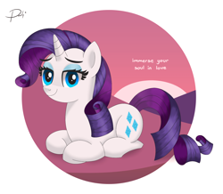 Size: 1654x1440 | Tagged: safe, artist:pearlymarshmallow, character:rarity, species:pony, species:unicorn, g4, abstract background, advice, circle background, depression, eyebrows, female, field, hill, looking at you, love, lying down, mare, outdoors, prone, radiohead, signature, simple background, smiling, smiling at you, solo, street spirit, sunset, text